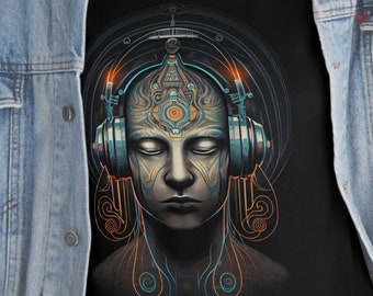 Urban Buddha With Headphones On Unisex Heavy Cotton Tee, Audiophile Graphic T-shirt, Mindful Zen Shirt