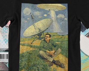 Art Bell Retro Sci Fi UFO Art T-Shirt, Vintage Space Alien Contact Artwork Unisex Tee, Coast To Coast Radio, Paranormal Fan Gift
