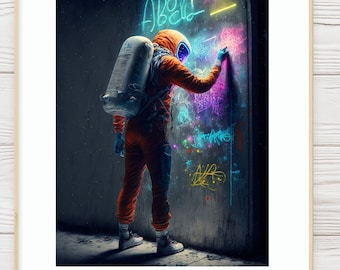 Astronaut Graffiti Writer Art Poster, Spaceman Digital Art Print, Colorful Pop Art, Sci-fi Painting, Cosmic Artwork, Surreal Urban Artwork
