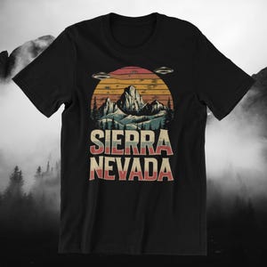 Retro Sierra Nevada UFO Black Unisex T-Shirt, Mountain Hiking Camping Vintage Style Tee, National Park Alien Sunset Adventure Outdoor Gift