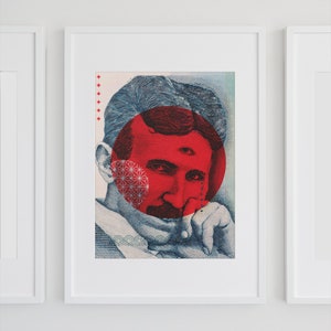 May include: A blue and red illustration of Nikola Tesla with a third eye in the centre of his forehead. The illustration is surrounded by a red circle with a geometric pattern.