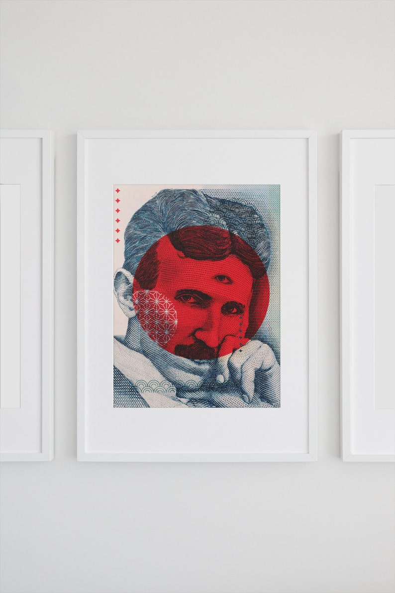 May include: A blue and red illustration of Nikola Tesla with a third eye in the centre of his forehead. The illustration is surrounded by a red circle with a geometric pattern.