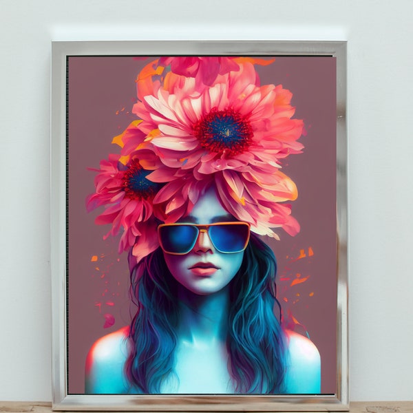 Flower Head Art Print, Feminine Wall Art, Mystical Art Poster, Surreal Flower Woman Trippy Art Painting, Hippie Girl Sunglasses Digital Art