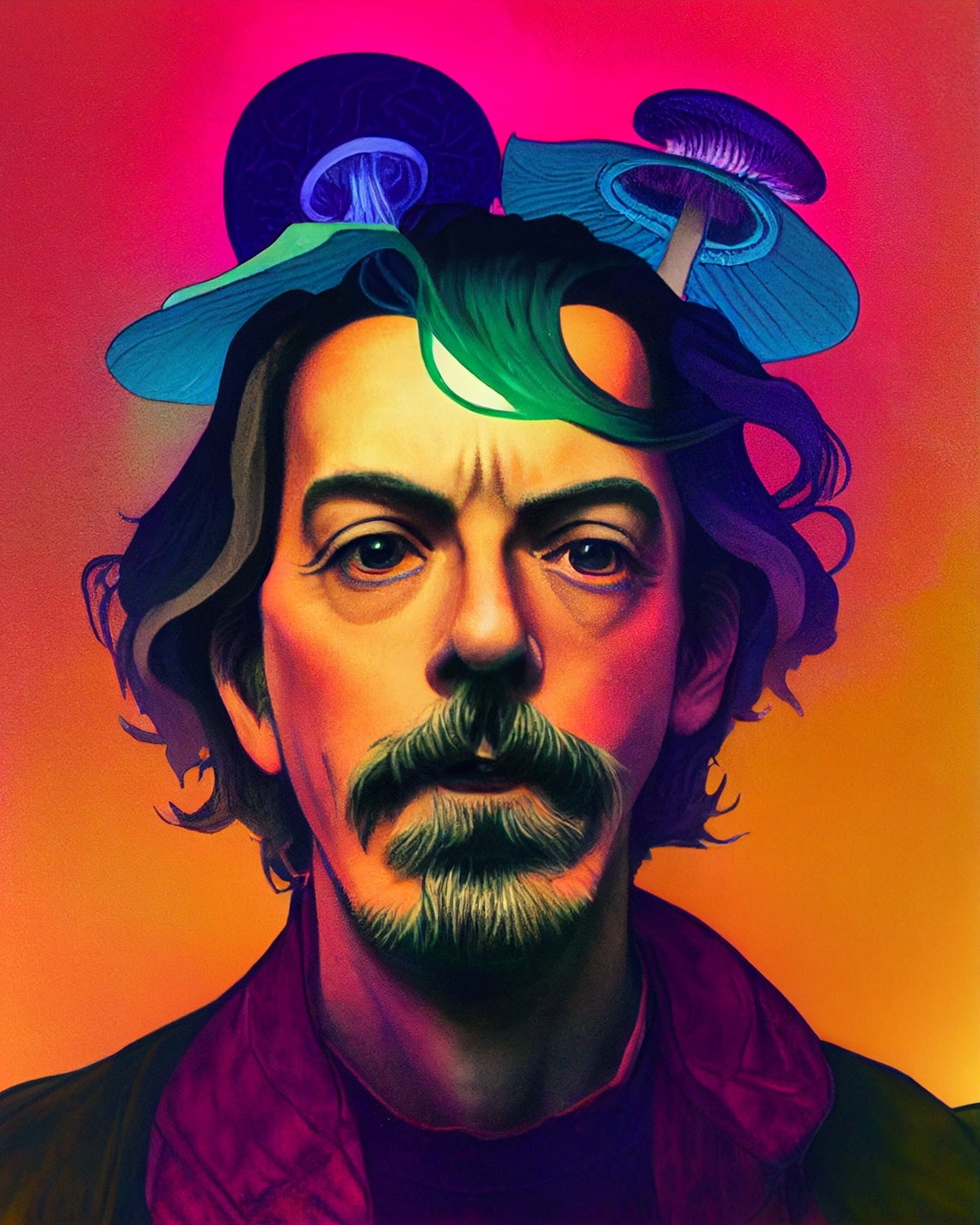 Alan Watts Mushroom Head Art Print Psychedelic Wall Art Etsy