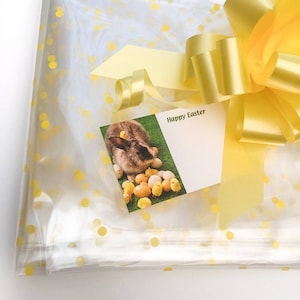 May include: A clear cellophane gift bag with yellow polka dots and a yellow satin bow. The bag has a card attached with a picture of a brown rabbit surrounded by yellow chicks and the text "Happy Easter".