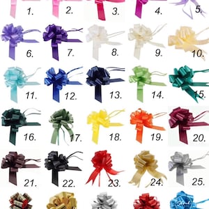 May include: A selection of 30 decorative pull bows in a range of colours, such as pink, red, purple, blue, green, yellow, gold, silver, and plaid. Each bow has a ribbon for tying. Numbers 1-30 are printed below each bow.