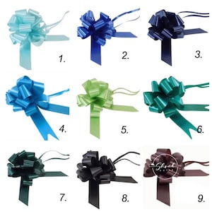 May include: Nine different colours of pull bows, each with two long tails. The colours are light blue, blue, navy blue, turquoise, light green, teal, dark green, black, and brown.
