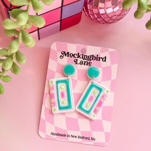 Retro Cassette Tape Clay Earrings – Neon Pink & Green 80s Earrings – Polymer Clay Dangles – Funky Handmade Statement Jewelry