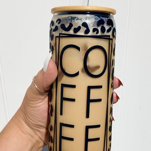 24 oz Glass Coffee Tumbler with Cheetah Print | Iced Coffee Cup with Bamboo Lid & Glass Straw | Leopard Reusable Cup | Coffee Lover Gift
