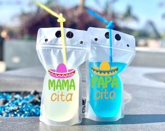 Cinco De Mayo Party Drink Pouches, Fiesta Plastic Wine Pouches, lets Fiesta Party Supplies, Tequila Cups, Poolside Drink Pouches with straw.