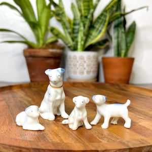 Vintage Ceramic Dog Figurines Set of 4 – Small Collectible Porcelain Dogs 1”–3” – Miniature Animal Decor for Dog Lovers, Made in Japan