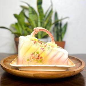 Antique Ceramic Cheese or Butter Plate with Dome and Handle- 8” × 6” × 4.5”