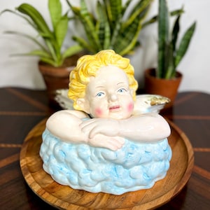 Vintage  Ceramic Cherub Cookie Jar – 11” Wide x 9” Tall, Angel Home Decor