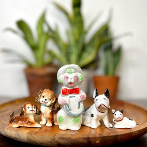 Vintage Ceramic Dog Figurines Set of 5 – Collectible Dogs 1.5”–3.5” – Chain Dog & Puppy Figurines, Made in Japan, Anthropomorphic dog