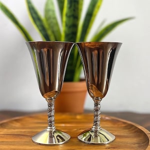Vintage Silver-Plated Goblets – Set of 2 Spanish Barware Wine Cups – Decorative Mid Century Drinkware for Dining Table or Home Bar Décor