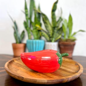Vintage Ceramic Jalapeño Pepper Soup Tureen with Lid and Spoon – 9” x 5”