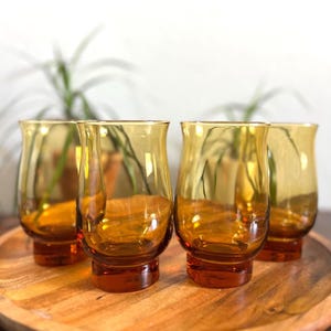 Amber Glass Tumblers Set of 5 Mid Century Modern Barware Smoky Honey Color Vintage Drinking Glasses