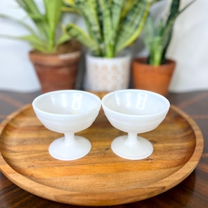 Pre-1960&#39;&#39;s Milk Glass Dessert Cups Set of 2 | Vintage Mid Century Sherbet Bowls White Pedestal Dishes for Serving & Display