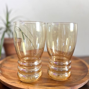 Pair of Vintage Libbey Yellow Optic Tumbler Glasses – 1960s Mid Century Honey Amber Drinkware – Retro Barware Made in USA