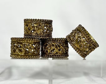 Set of 4 Vintage Brass Napkin Rings – Ornate Filigree Hollywood Regency Style