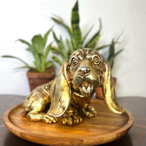 Vintage Gold Ceramic Dog Figurine – 11” Long, Large Basset Hound Bobblehead