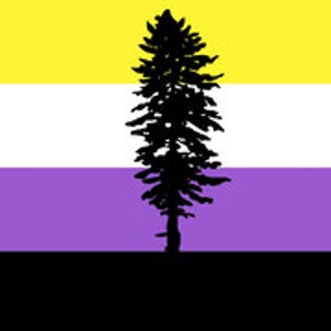 May include: A flag with a silhouette of a pine tree in the center. The flag has five horizontal stripes: yellow, white, purple, white, and black.