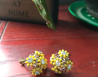 Yellow Flower Earrings Vintage Earrings Floral Screw Back Costume Jewelry Pin Up Rockabilly