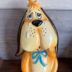 Vintage Piggy Bank Dog Bank Vintage Coin Bank Sad Dog Blue Bow-tie