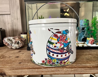 Cubo de hojalata vintage con forma de conejito de Pascua, decoración de huevos para pintar