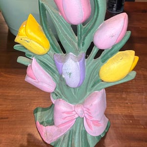 Vintage Cast Iron Tulip Bouquet Door Stop Spring Time Garden Decor Shabby Chic