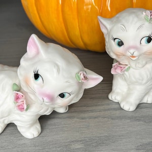 Cat Decor Fluffy White Kittens Playful White Kittens 1950s Cat Decor Kittens with Flowers