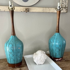Table Lamp Mid Century Modern London Lamp '59 Vintage Table Lamps Rare Set Turquoise Ceramic and Wood  Mid Century Table Lamps