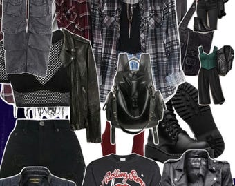 May include: A collection of clothing items including a green split-tone top, black cargo pants, a black hoodie with a skeleton print, a plaid flannel shirt, a black leather jacket, a Rolling Stones graphic t-shirt, and black boots.