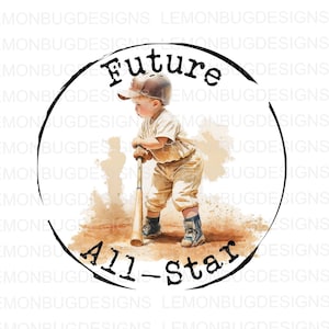 May include: A watercolor illustration of a young baseball player in a white uniform and a brown cap. The player is holding a wooden bat and is standing on a baseball field. The image is surrounded by a circle with the text "Future All-Star" in black.