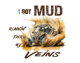 Op de afbeelding: Een gele en zwarte terreinwagen rijdt door een stofwolk met de tekst "I GOT MUD RUNNIN THRU MY VEINS" in bruine letters.