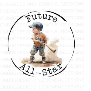 May include: A watercolor illustration of a young boy holding a baseball bat. The image is in a circle with the text "Future All-Star" around the outside.
