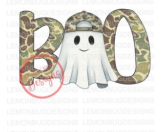May include: A whimsical illustration features the word "BOO" in a camouflage pattern, with a friendly ghost wearing a matching camouflage baseball cap. The ghost has black eyes and a smiling mouth. The design is perfect for Halloween.