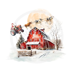 Santa Claus on a tractor jpg and png, Cows jpg ,Christmas jpg, Farmhouse, Merry Christmas png, Printable Art