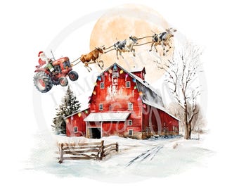 Santa Claus on a tractor jpg and png, Cows jpg ,Christmas jpg, Farmhouse, Merry Christmas png, Printable Art