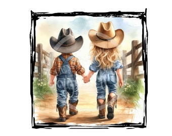 Little Cowboy and Cowgirl PNG: Western Art (Digital Download)