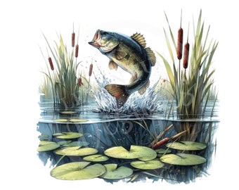 Pesca de robalo PNG: Arte para impressão de peixes saltadores (download digital)