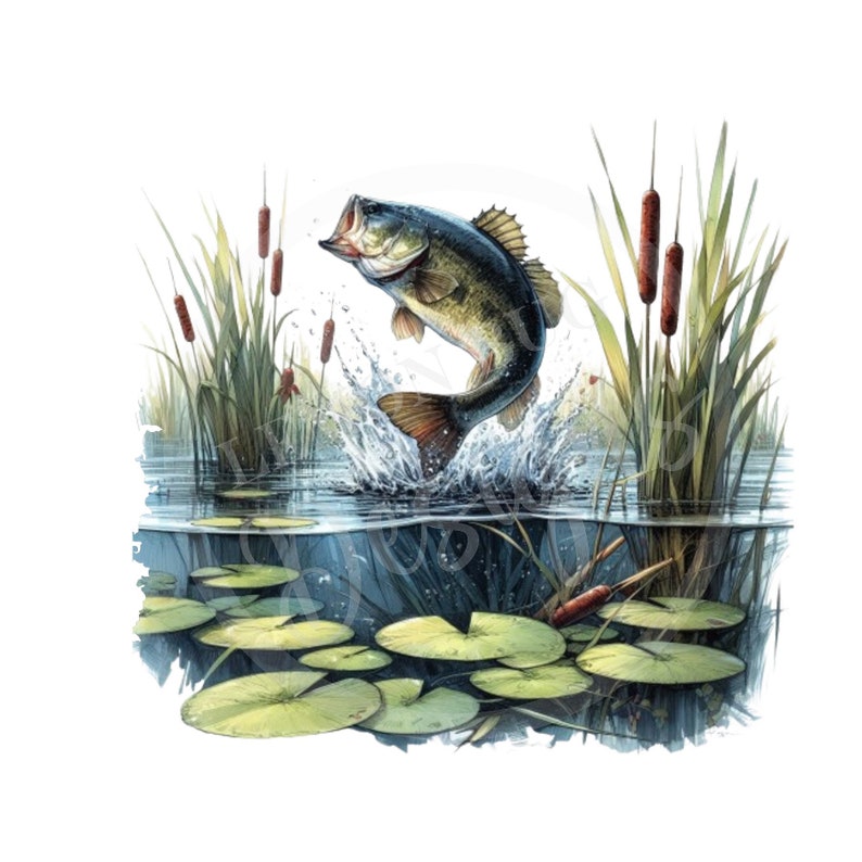 Puede incluir: Un black bass salta fuera del agua, con la boca abierta y las aletas extendidas. El pez est&aacute; rodeado de nen&uacute;fares y espada&ntilde;as, creando una representaci&oacute;n realista de una escena de pesca de agua dulce.