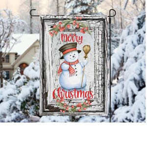 Rustic Snowman Christmas Garden Flag: Vintage Cottage Art (Digital Download)