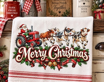 Père Noël sur tracteur avec des vaches (PNG) : Noël à la ferme (Téléchargement numérique)