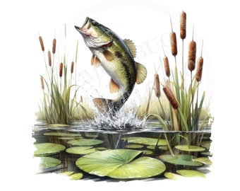 Pesca de robalo PNG: Arte para impressão de peixes saltadores (download digital)
