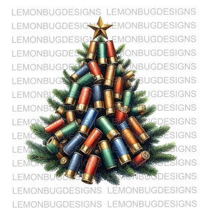 Puede incluir: Un árbol de Navidad decorado con cartuchos de escopeta en lugar de adornos. El árbol es verde y los cartuchos son rojos, verdes y dorados.