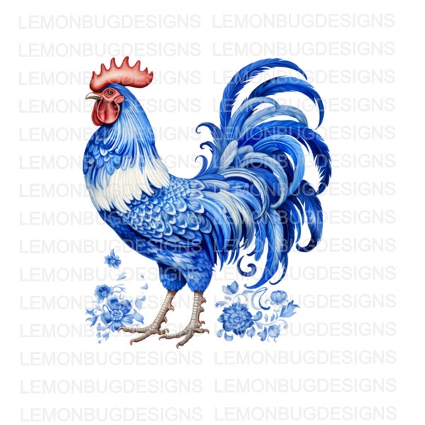 Blue Delft Rooster png, French Country png, Farmhouse Design,  Digital Design, Rustic, Shabby, Cottage