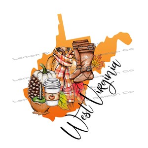 Può includere: Un contorno arancione dello stato della Virginia Occidentale con immagini a tema autunnale. L'immagine include una zucca, una sciarpa a quadri, una tazza di caffè, pigne e stivali marroni. Il testo "West Virginia" è scritto in corsivo nero.