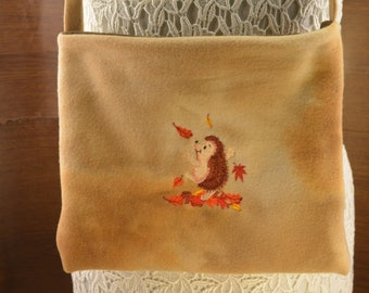 Hedgehog Fall Leaves,  Hedgehog or Guinea Pig Carry Bag. Embroidered Bag, Ready to Ship Hedgehogs snuggle sack,  hanging pouch purse carry.