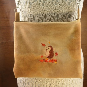 Hedgehog Fall Leaves,  Hedgehog or Guinea Pig Carry Bag. Embroidered Bag, Ready to Ship Hedgehogs snuggle sack,  hanging pouch purse carry.